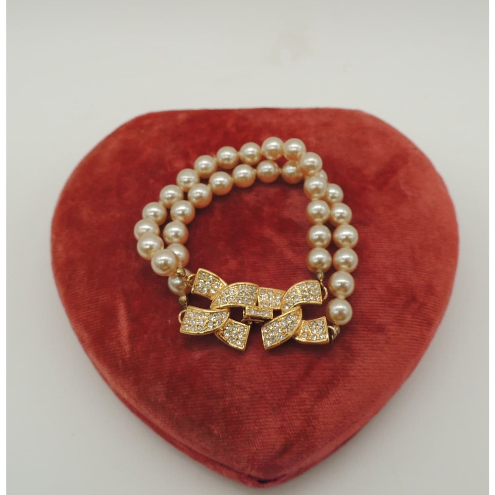 Vintage KJL Double Strand Pearl Bracelet with Goldtone Rhinestone Bow Clasp